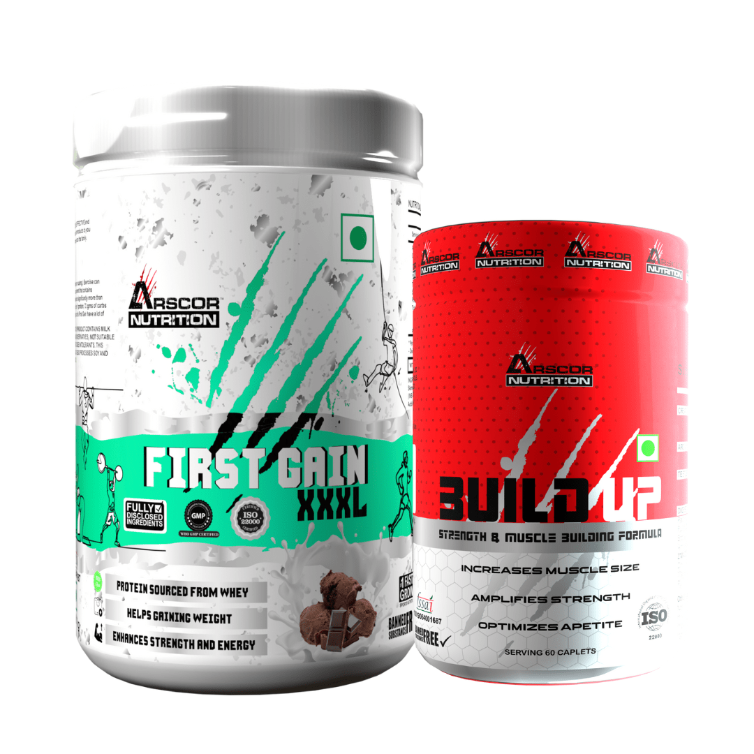 Mass Gaining Combo 2: First Gain 1kg Weight Gainer with Whey + Build Up Tablets for Healthy Weight & Muscle Gain - Arscor Nutrition -